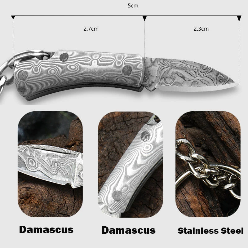 All Damascus Mini Folding Knife Pendant Acrylic Wood Keychains Sharp Small Blade Portable Hanging Outdoor Camping Unboxing Knife