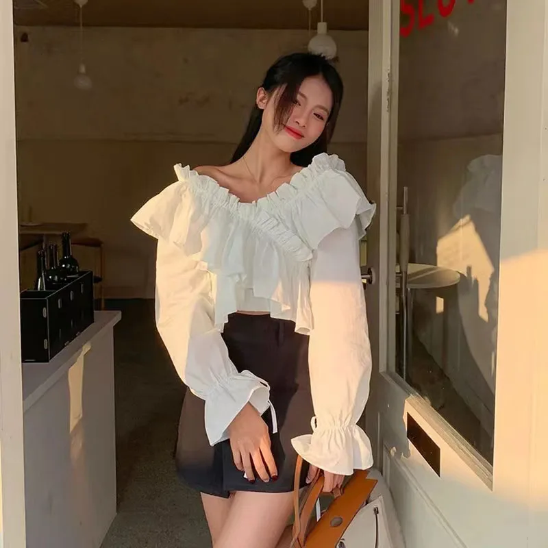 Ruffles Splicing Crop Blouse Women Sexy Off Shoulder Slash Neck Casual Top Y2K Fashion Korean Drawstring Criss Cross Chic Shirt