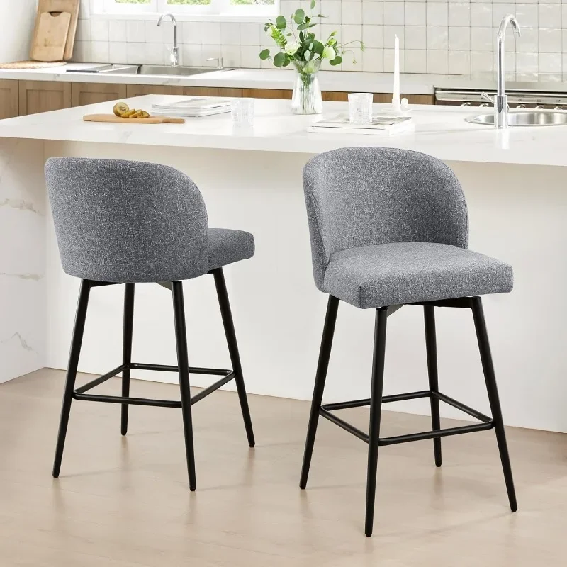 Counter Height Bar Stools Set of 2, 360° Swivel Upholstered Barstools with Backs and Metal Legs, 26