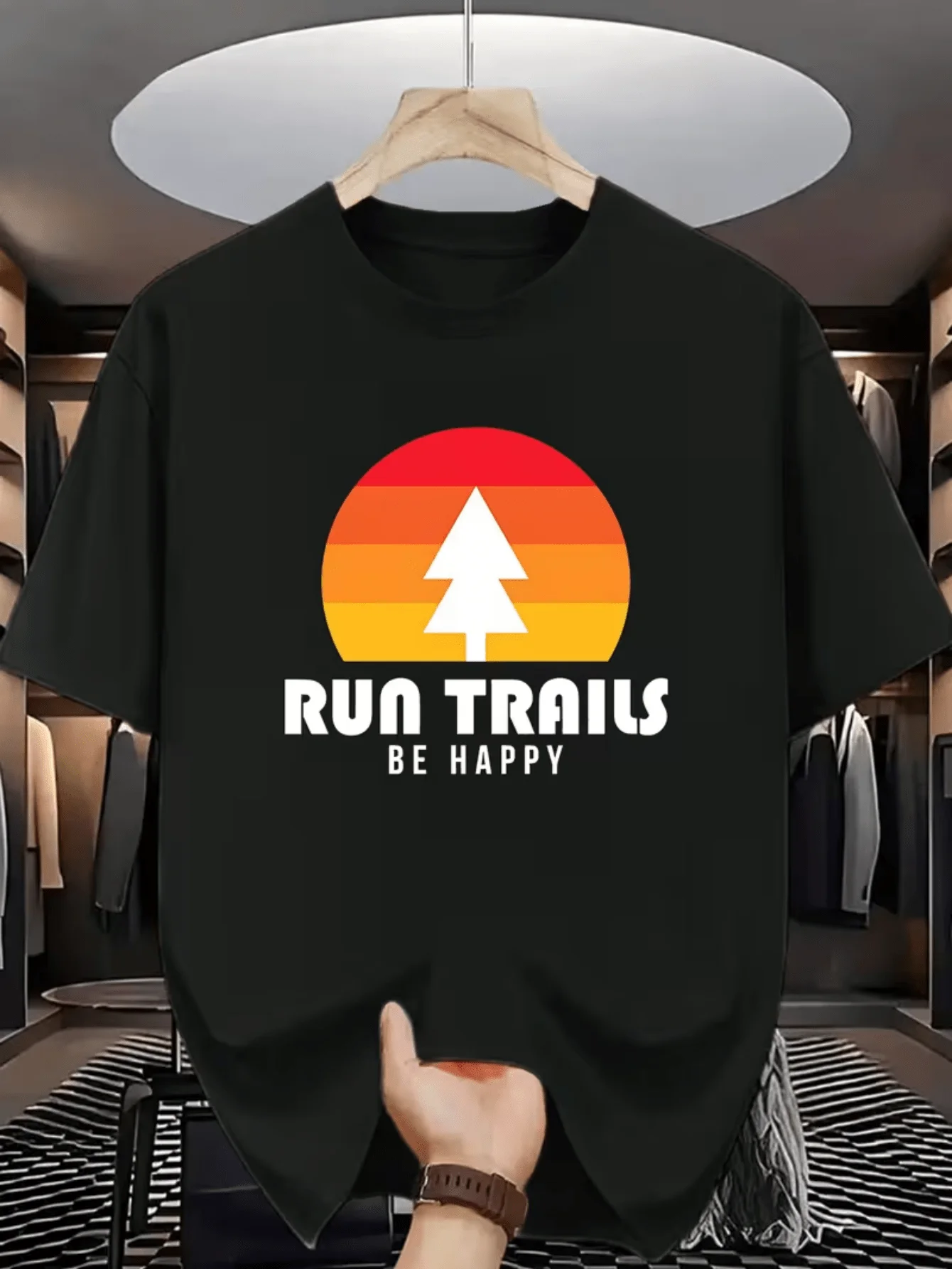 Run Trails Be Happy T Shirt Men Women Sunset Forest Mountain Runner Nature Print Short Sleeve Cotton Street Tops