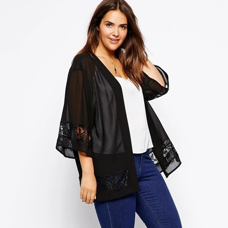 Plus Size Lace Patchwork Elegant Summer Chiffon Kimono Women 3/4 Sleeve loose Black Cardigans Large Size Casual Beach Kimono 6XL