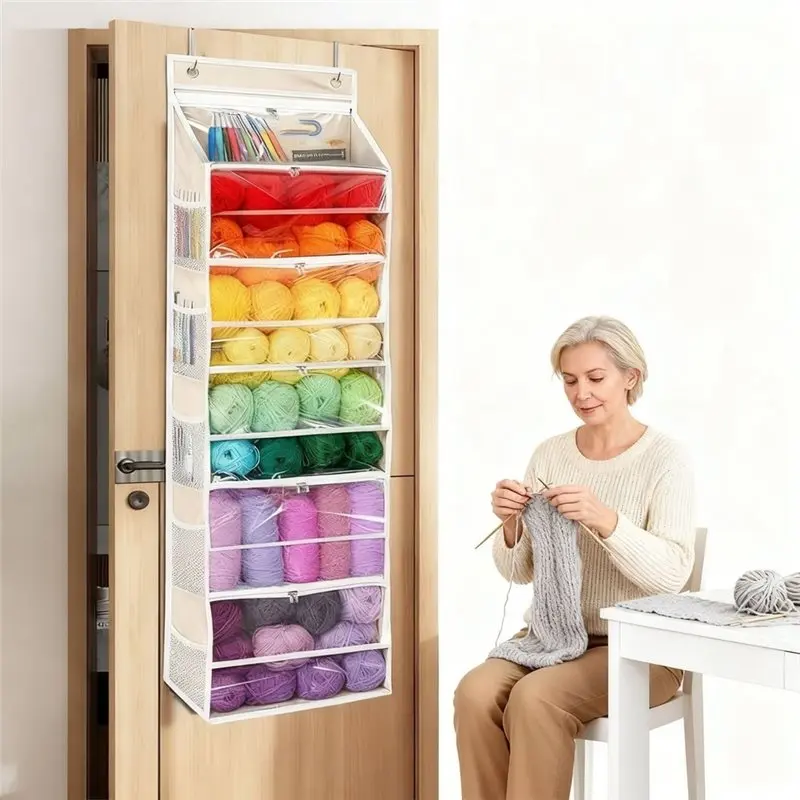 ABLK Over The Door Yarn Storage Organizer, 5-Tier Yarn Organizer With Zippered Compartments & Mesh Pockets