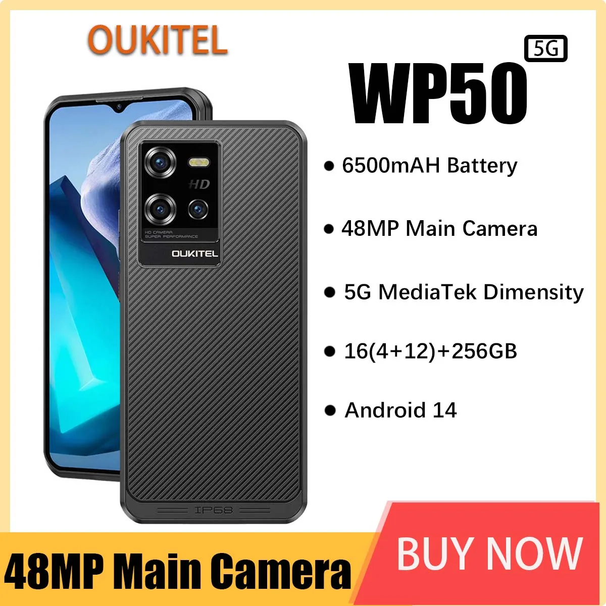 Oukitel WP50 5G Rugged Smartphone 6500mAh Battery 48MP Main Camera Mobile Phone 12GB+256GB IP68 &IP69K Android 14 Cell Phone