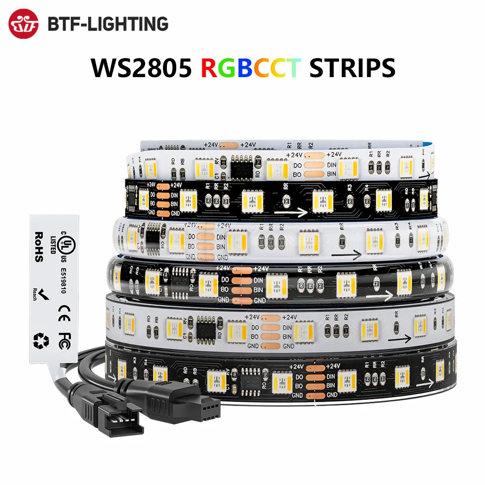 Bande LED intelligente adressable WS2805 SPI RGBCCT, 4 broches, 60 LED/m, étanche IP30 IP65 IP67, PCB noir/blanc, 24V