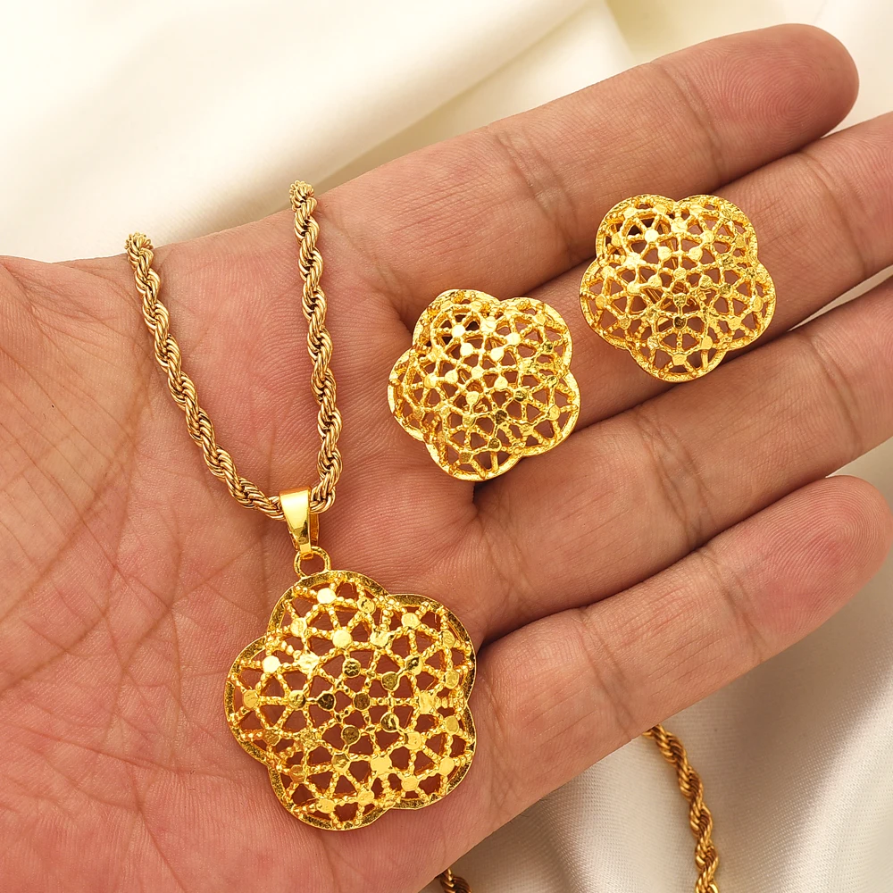 Fashion Square Gold Color Jewelry Set for Women Girl Necklace Earrings Party Accessories Dubai India Africa Gift