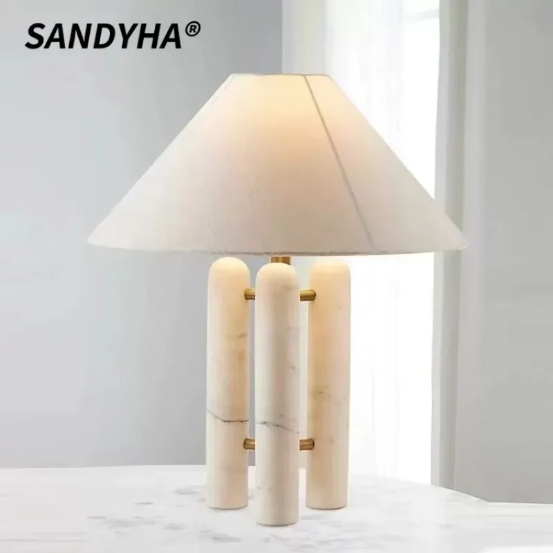 SANDYHA Vintage LED Desk Lamp with Marble Base American Fabric Shade Perfect for Bedroom Dining Room Bar Home Decor Stylish