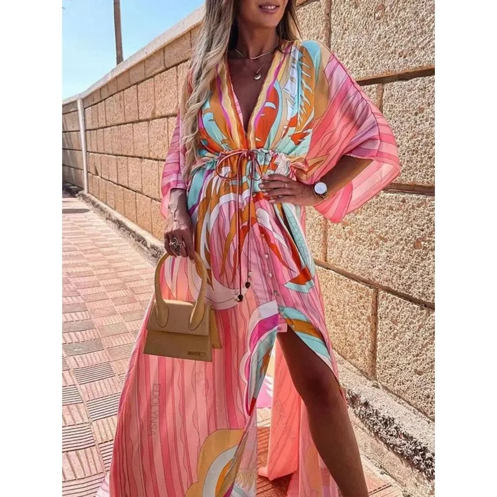 Abito Lungo Boho con Stampa, Cintura, Sexy, da Spiaggia, Casual, Primavera-Estate, Gonna a Linea A, Senza Colletto, in Poliestere...