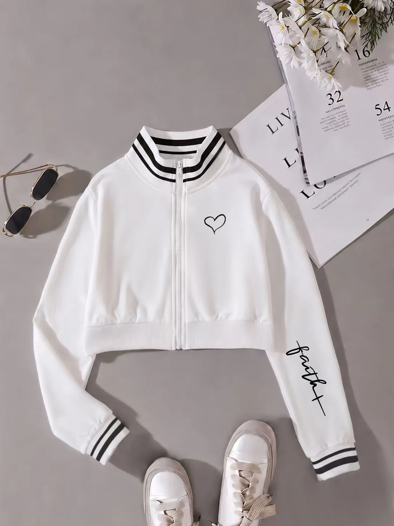 Women's Striped Color-Block Zip-Up Mock-Neck Baseball Jacket – Casual Sporty Outerwear