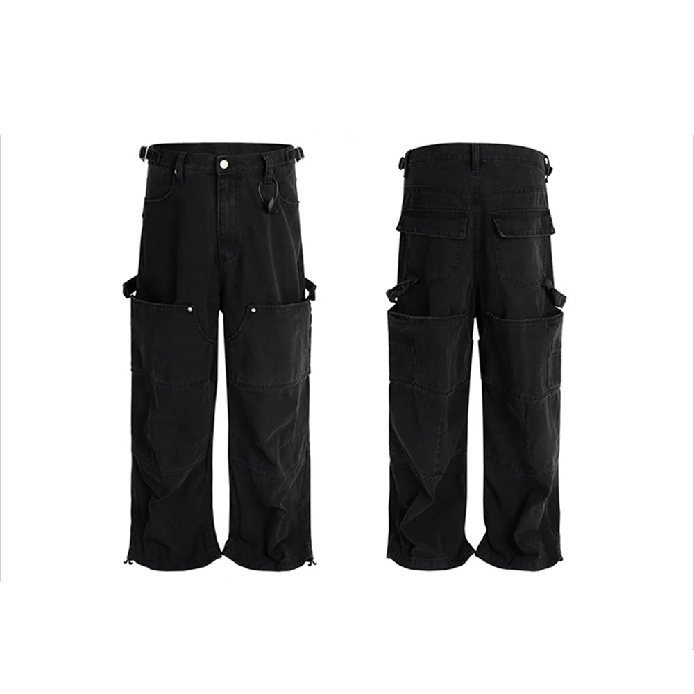 خمر غسلها حلقة مزدوجة جيب كبير صورة ظلية السراويل البضائع غير رسمية للرجال مستقيم الهيب هوب روبا هومبر السراويل الفضفاضة