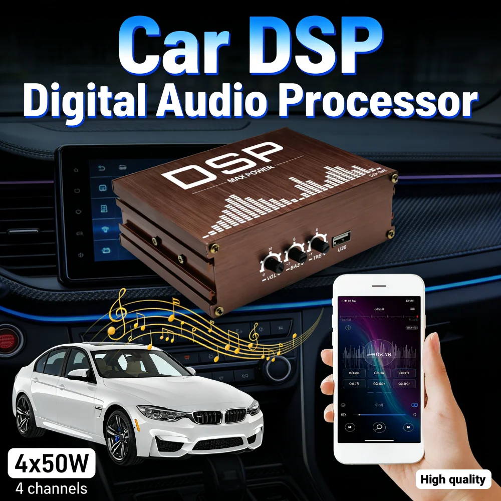 4x50w-車載dspデジタルオーディオプロセッサー、アプリ制御対応、カーオーディオ強化用dspカーパワーアンプ