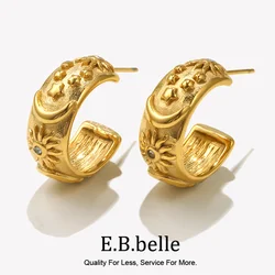 E.B.belle Thick Embossed Moon Sun Star Pattern Chunky Hoop Earrings For Female Women Statement Earring Stainless Steel Jewelry