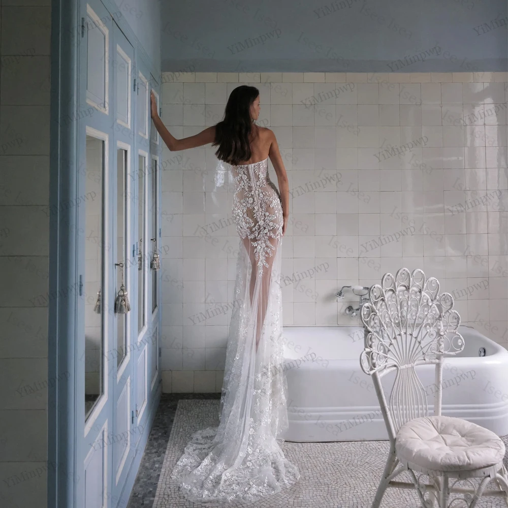 Lace Sequin Wedding Dress See Through Applique Straight Sexy Bridal Dresses Sweep Train vestidos de novias 2026 Customized