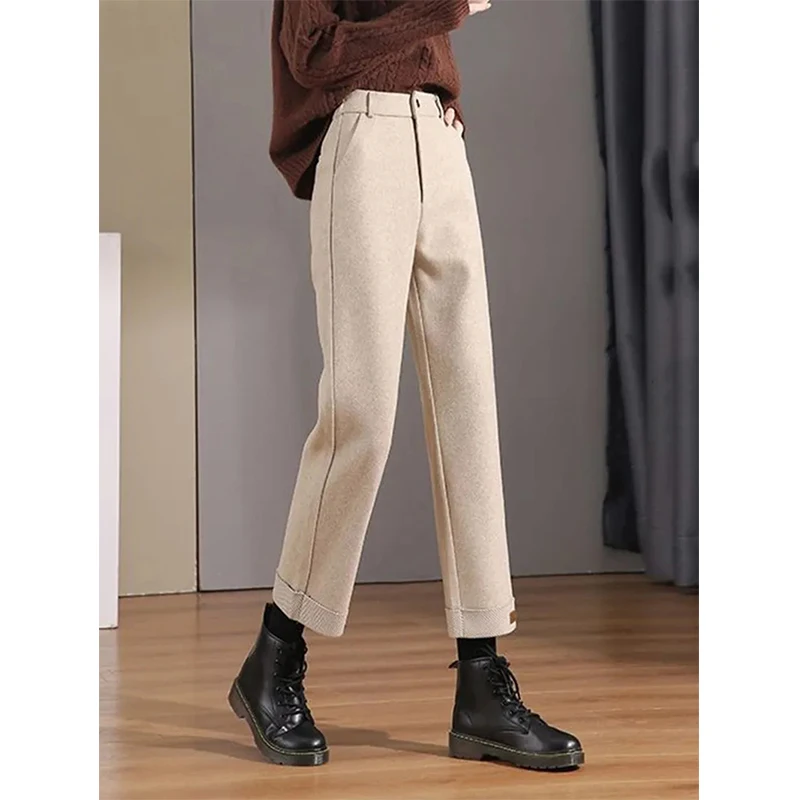 Elegant Wool Wide Leg Pants Women Solid High Waist Casual Trousers Vintage Korean Baggy All Match Straight Ankle-Length Pants