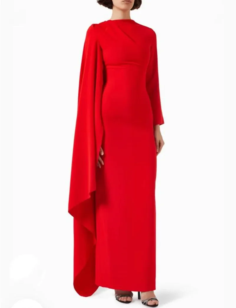 

Long Red Crepe Evening Dresses with Cape Sheath One Shoulder Ankle Length Pleat Zipper Prom Dress Robes de Soirée for Women