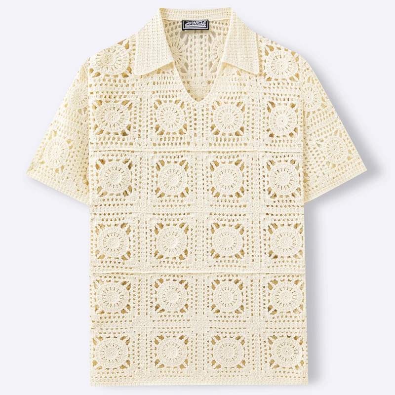 2026 Men's Vintage Knit Polo Shirts Summer Crochet Hollow Out Shirts Ethnic Style Cardigans Male Short Sleeve Tops SY0234