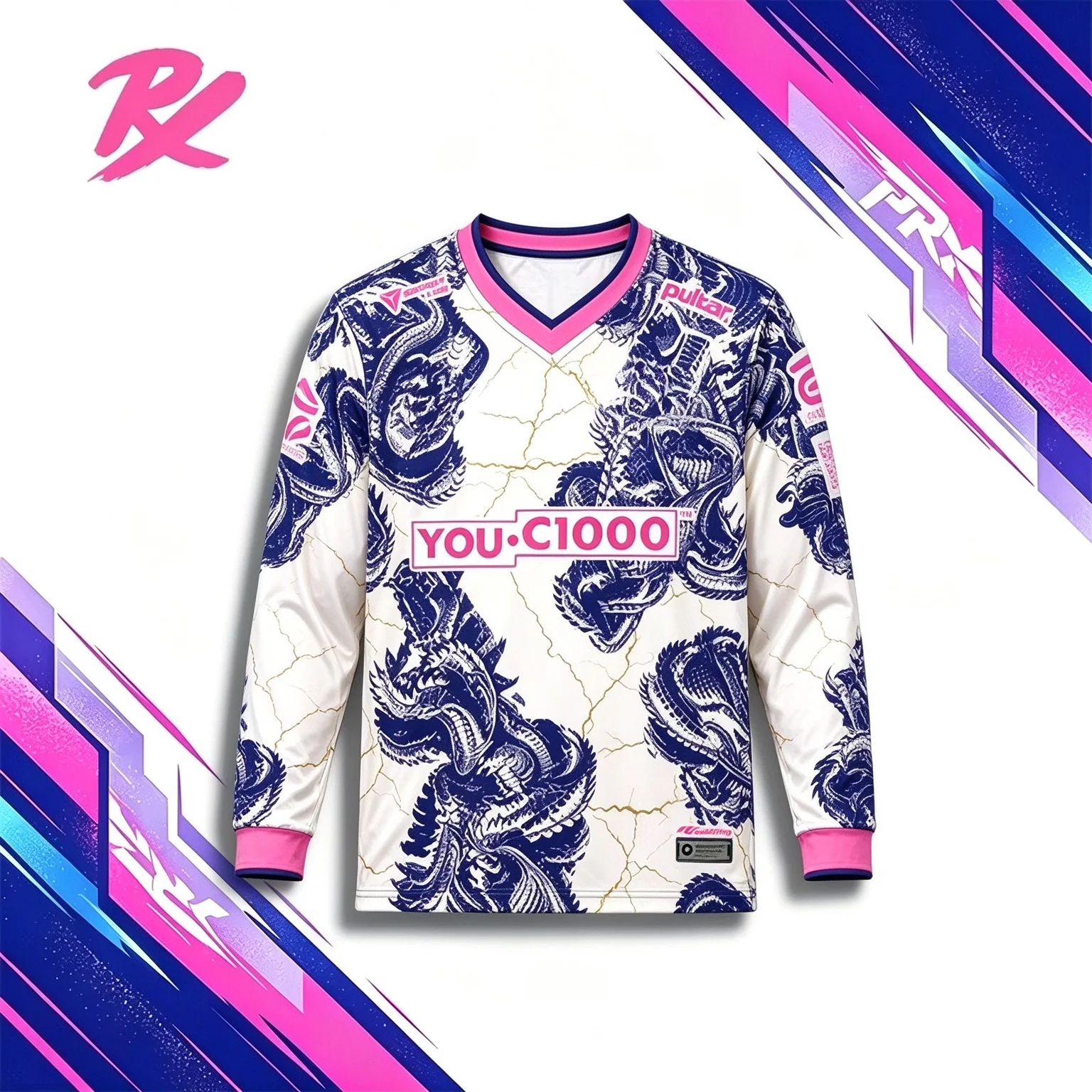 PRX Esports Jersey Long Sleeve, Blue Dragon Full Print V Neck Gaming Uniform Men Women E-Sports Fan Jersey