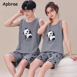 Cartoon Panda Print Pijamas Conjuntos de pijama, pijamas sem mangas para jovens amantes, pijamas de algodão tricotado, conjuntos casal, 4XL, verão