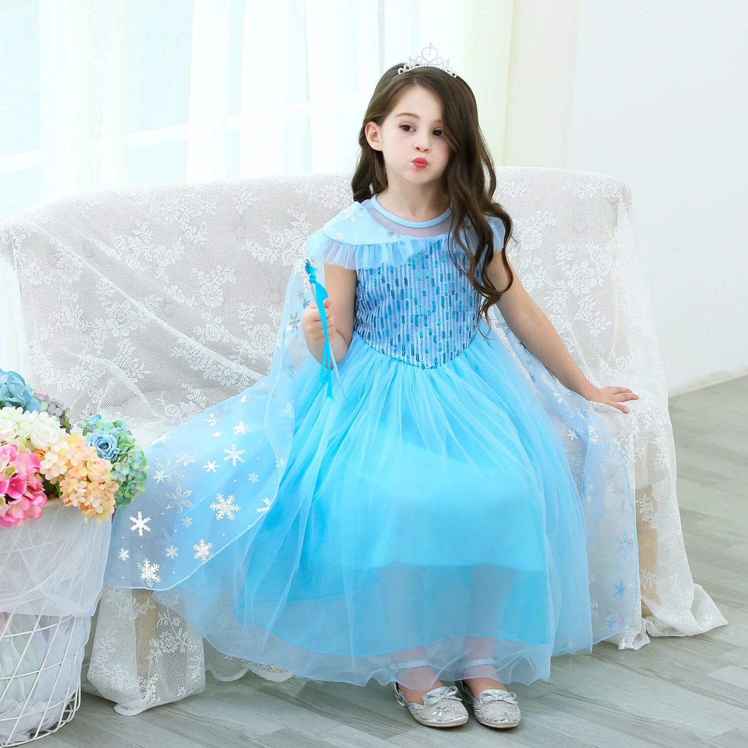 Girls Elsa Dress Kids Clothes Sequined Princess Costume with Cloak Children Snow Queen Halloween Birthday Cosplay Elsa Disfraz