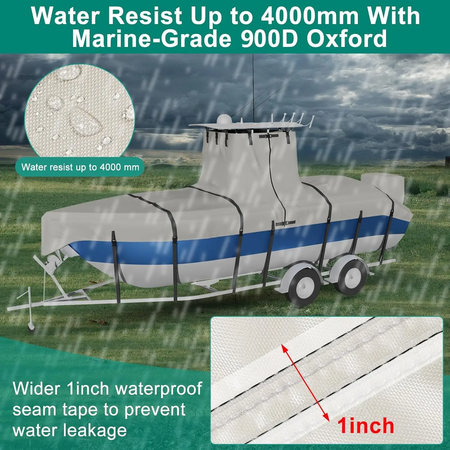 ฝาครอบเรือ 20ft - 22ft พร้อมฝาครอบมอเตอร์ กันน้ํา 100% ทนต่อการฉีกขาดพร้อมสายรัดกันลม 17 เส้นที่ได้รับการอัพเกรดสําหรับคอนโซลกลาง Boa