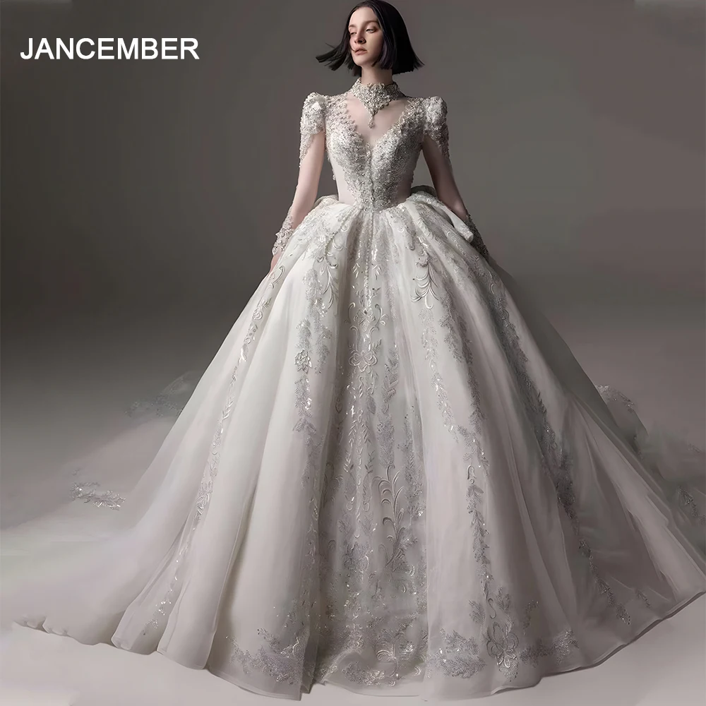 Jancember Romantic Luxury Wedding Gown For Bride 2024 Ball Gown High Neck Full Sleeves Backless Ruffles Robe De Mariée LSHT014