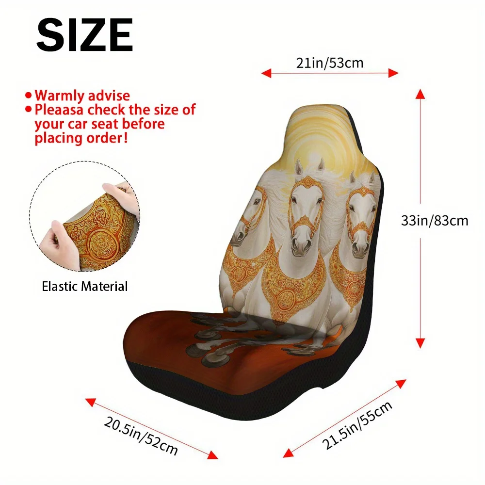 Set Of 2, Golden Radiant Horses Design Car Covers – Trendy And Long-Lasting Complete Set For 2 Front Seats, Fits Most Vehicles,