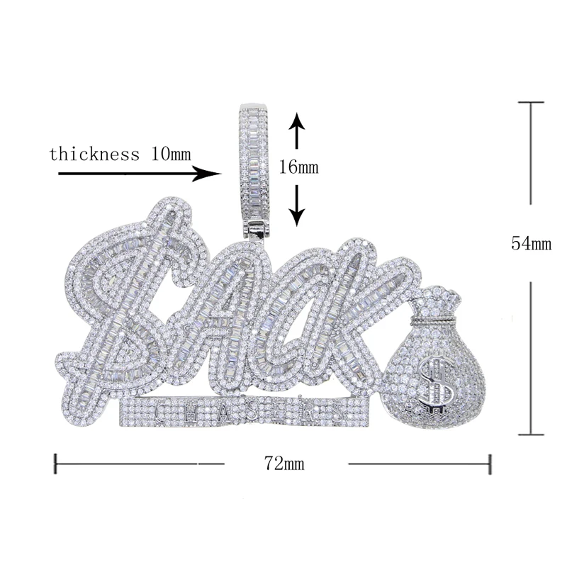 New Hip Hop Letter Ack Chasers Pendant Necklace Iced Out Bling Rectangle CZ Cubic Zirconia Money Bag Charm Men Women Jewelry