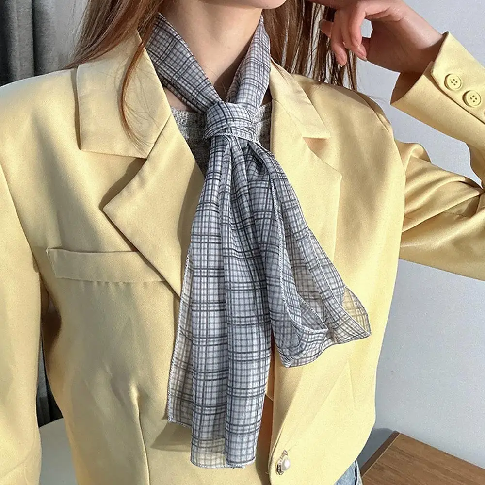 Correa para el cuello, pañuelo fino de seda largo a cuadros, accesorios para fotos de viaje, bufandas de belleza para mujer, banda para el cabello de moda coreana rsi한