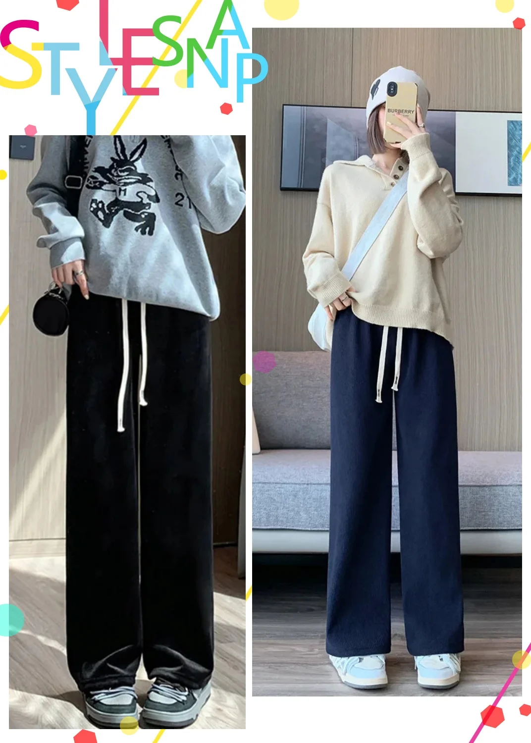 

2024 Casual women's pants elastic waist straight leg wide leg pants traf korean reviews many clothes Woman clothing