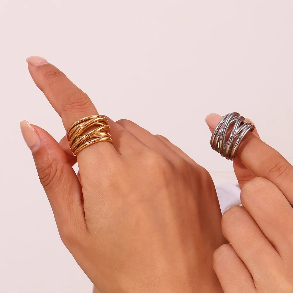 MamacitaSlay Stylish Waterproof Multi-Layer Irregular Woven Winding Women\'s rings Premium Stainless Steel Jewelry Decoration