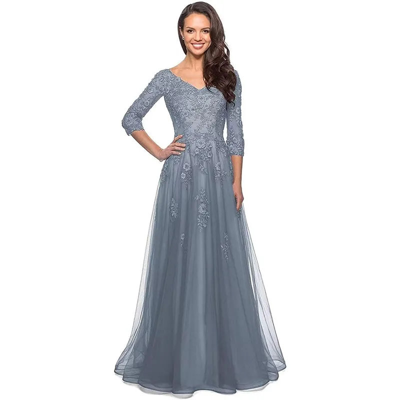 

Lace Applique A Line With 3/4 Sleeves Mother Of The Bride Dress Long Chiffon Wedding Guest Dresses Vestido De Festa Longo