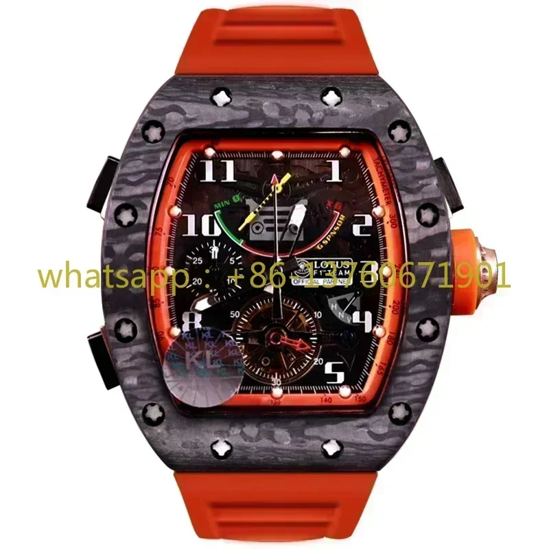 Luxury New Automatic Watch for Men Mechanical Watches Full Black Carbon Fiber Case Skeleton Red Rubber Strap Sports