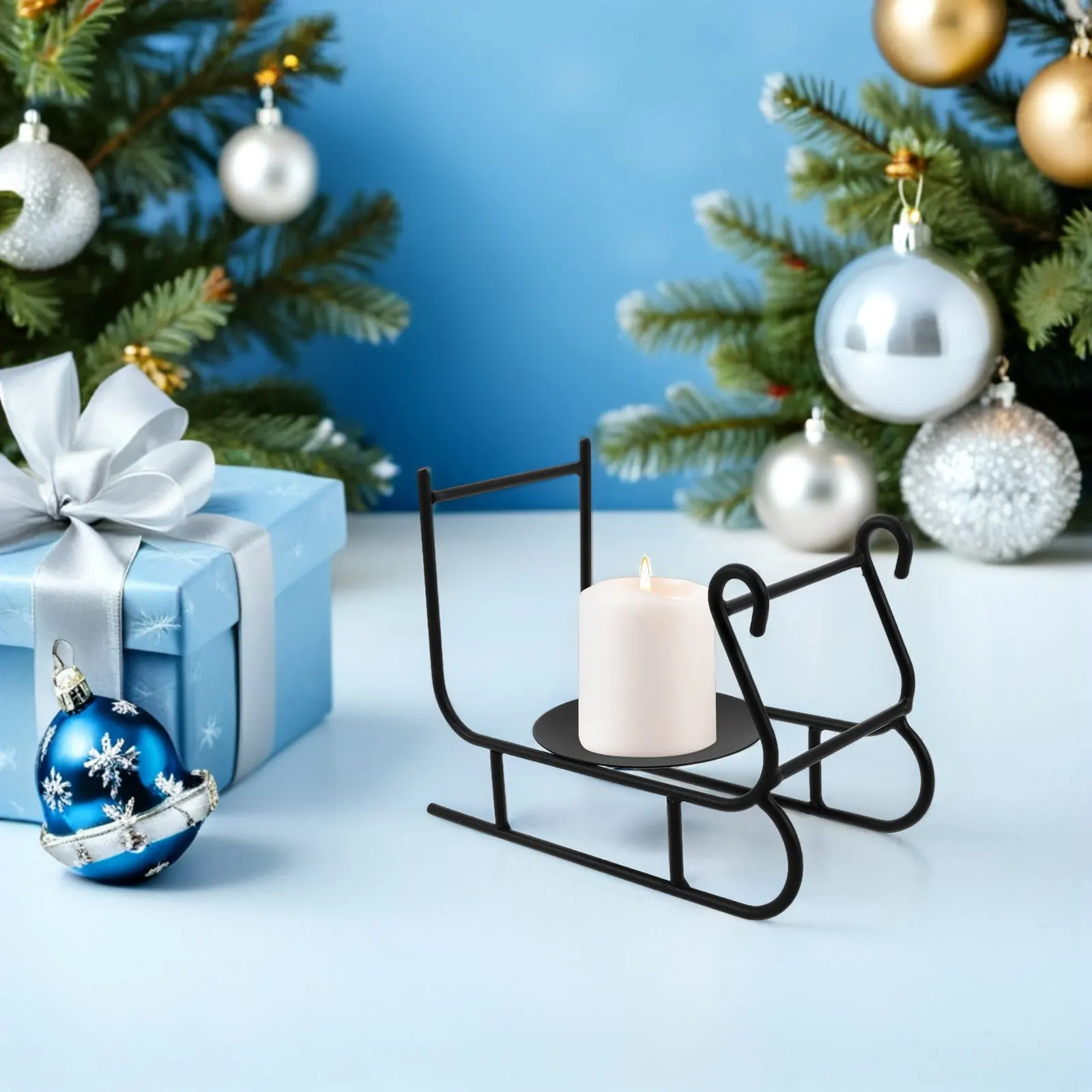 Sleigh Holder Black Wrought Iron Christmas Table Centerpiece Desktop Sleigh Decor Rustic Wedding Stand Pillar