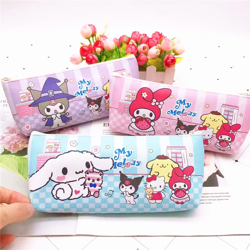 Sanrio Pencil Case MakeUp Bag Kuromi My Melody Cinnamoroll Pochacco Pu Single-layer Stationery Bag Cute Creative Gifts For Kids