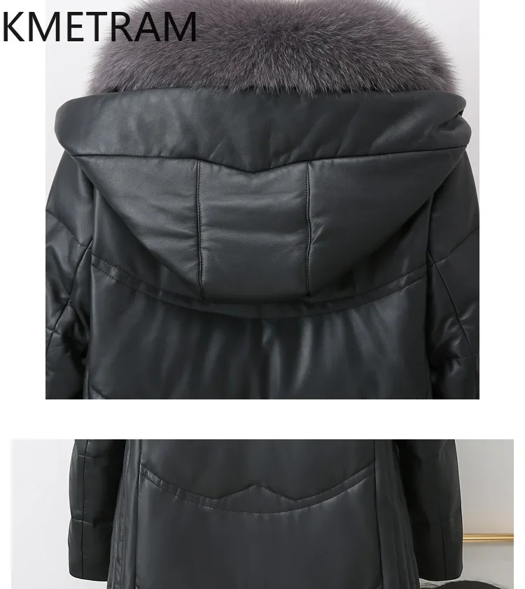 100% 양털 다운 코트 여성 블랙 정품 가죽 롱 푸퍼 재킷 후드 여우털 칼라 2025 겨울 의류 여성