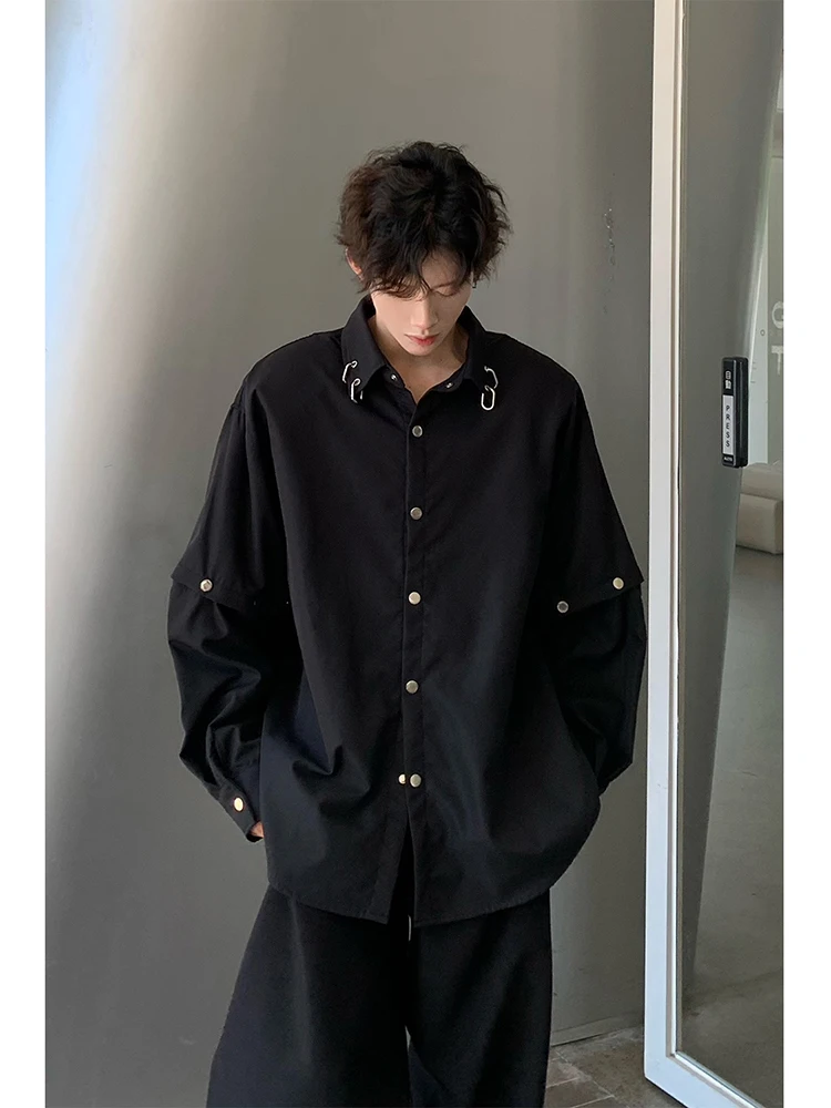

Bla Metal Patchwork Men's irt Jaet Spring Korean Sle Cleanfit High Design Collar Long Sve Worn Resistant Polyester