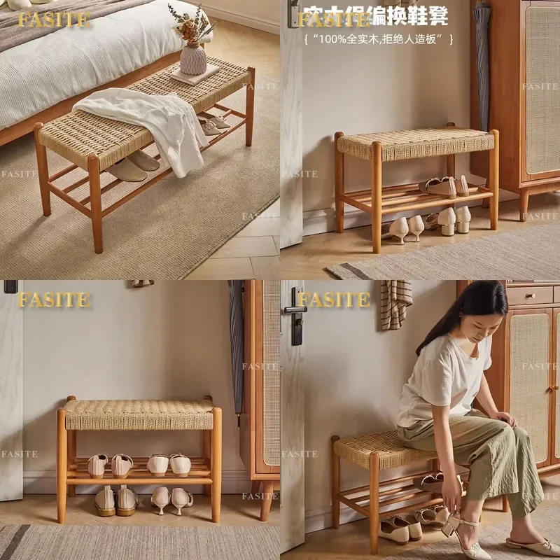 For Solid Wood Shoe Changing Stool Braided Rope Entryway Bench Modern Porch Seat with Storage Rack Integrated Bedside Ottoman