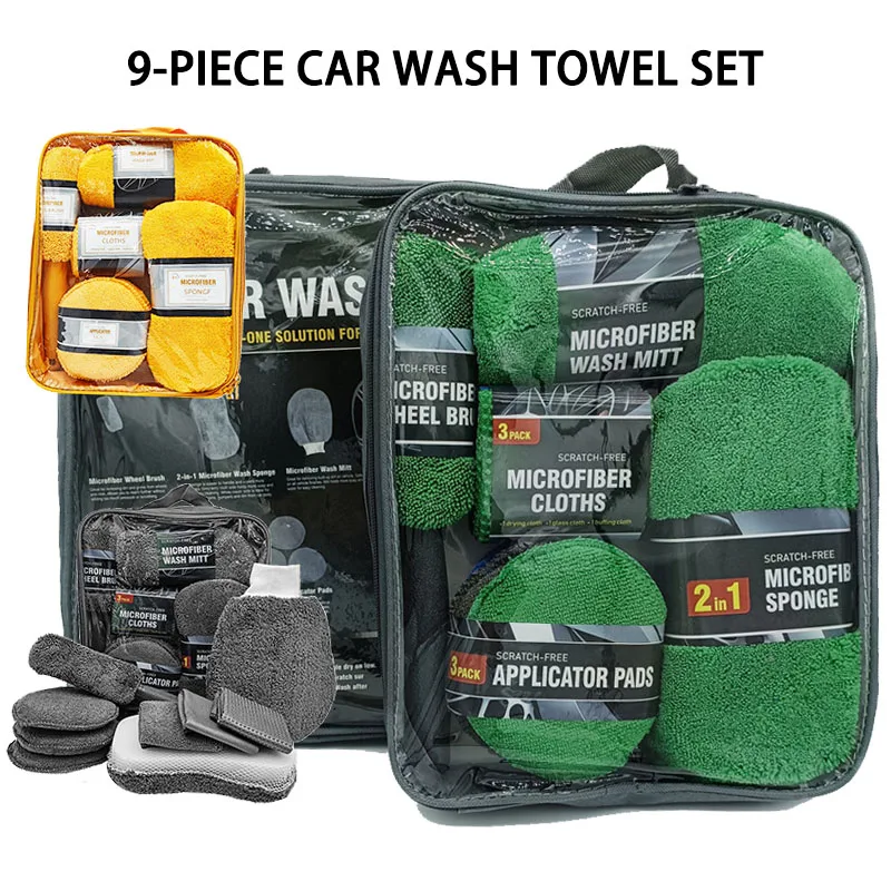 

9-częściowy набор для чистки детализации автомобиля, полотенца из микрофибры, румяна, губка для мытья, перчатки, инструменты для чистки колес от грязи и пыли