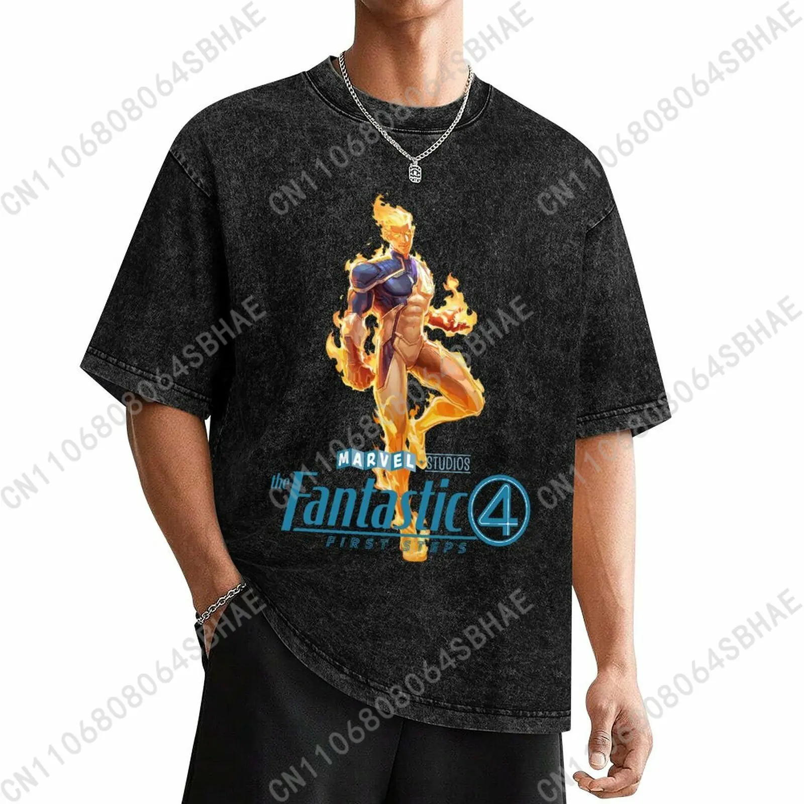 

Marvel Human Torch Custom Mens Vintage T Shirt Washed Distressed Tee Men Retro Short Sleeve Personalized Cotton Shirt Cosplay