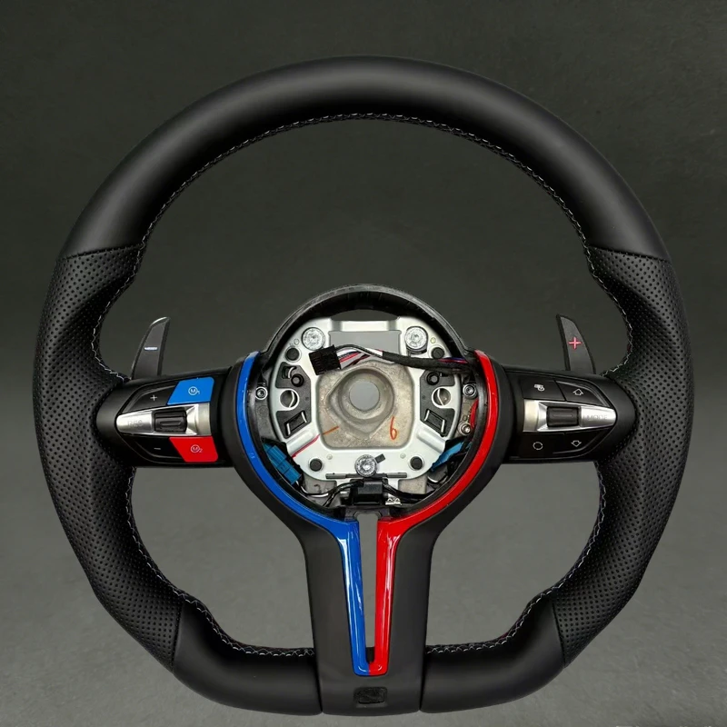 

Steering Wheel Full Leather for M3 M4 M5 M2 F10 F30 Customizable Flat Buttom Napa Leather Color-blocked Electroplated Strip