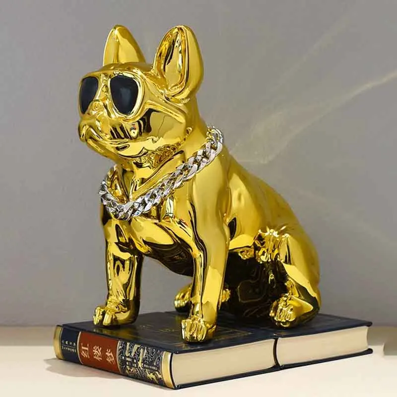 Room Decor Electroplated Dog Fighting Sculpture Ornaments Sunglasses Dog Statue Creative Craft Desktop Decoration Luxury Gifts