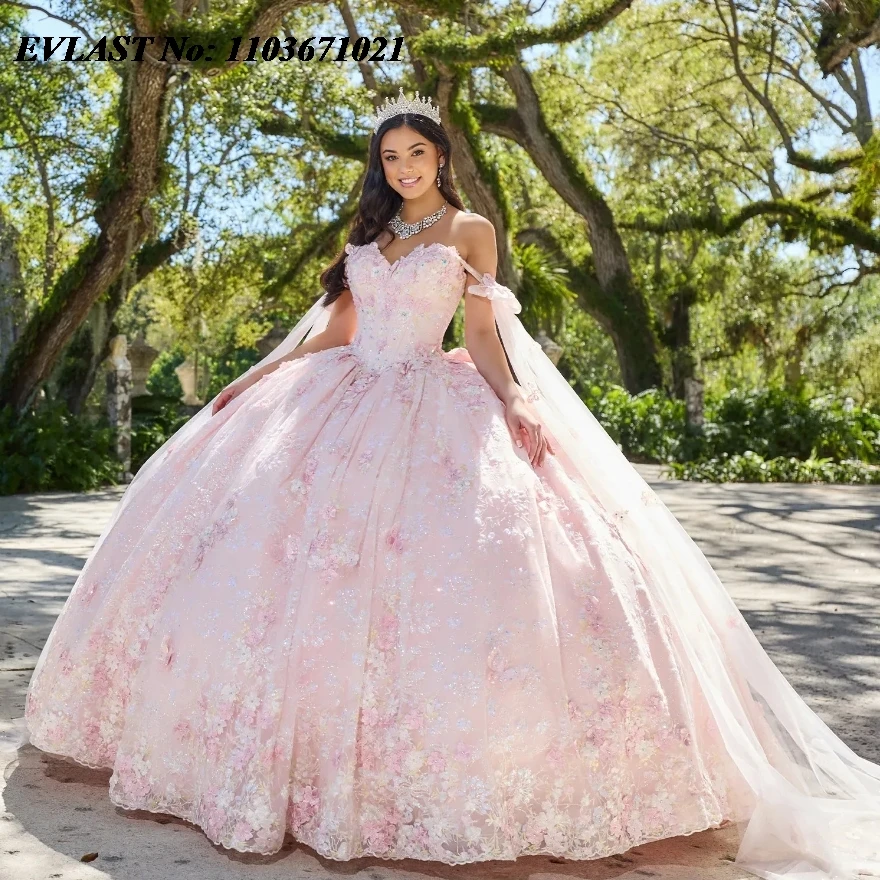 EVLAST-Vestido Quinceanera Rosa Brilhante Blush, Beading 3D Floral Applique com Capa, Bow Sweet 16 Vestido de Baile, SQ214