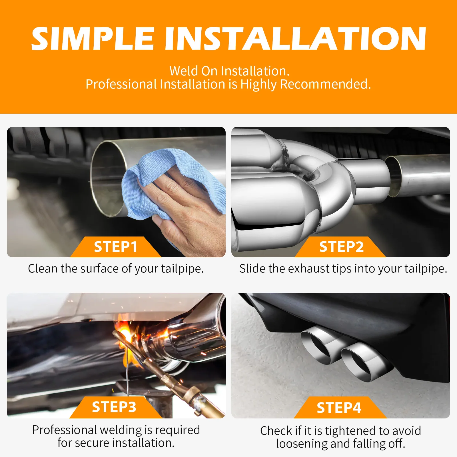 Punta di scarico doppia bolt-on lunga da 2,5" in 3,5'' fuori 9,5" Estremità quadrata arrotolata Un cambio Due punte per tubo di scappamento piegato con taglio a doppio bordo