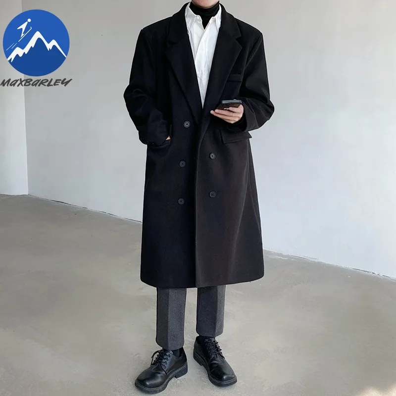 

Maxbarley Mid Length Wool Overcoat Men Casual Loose Korean Style Fleece Lined Woolen Coat Trendy Turndown Collar Trench Coat