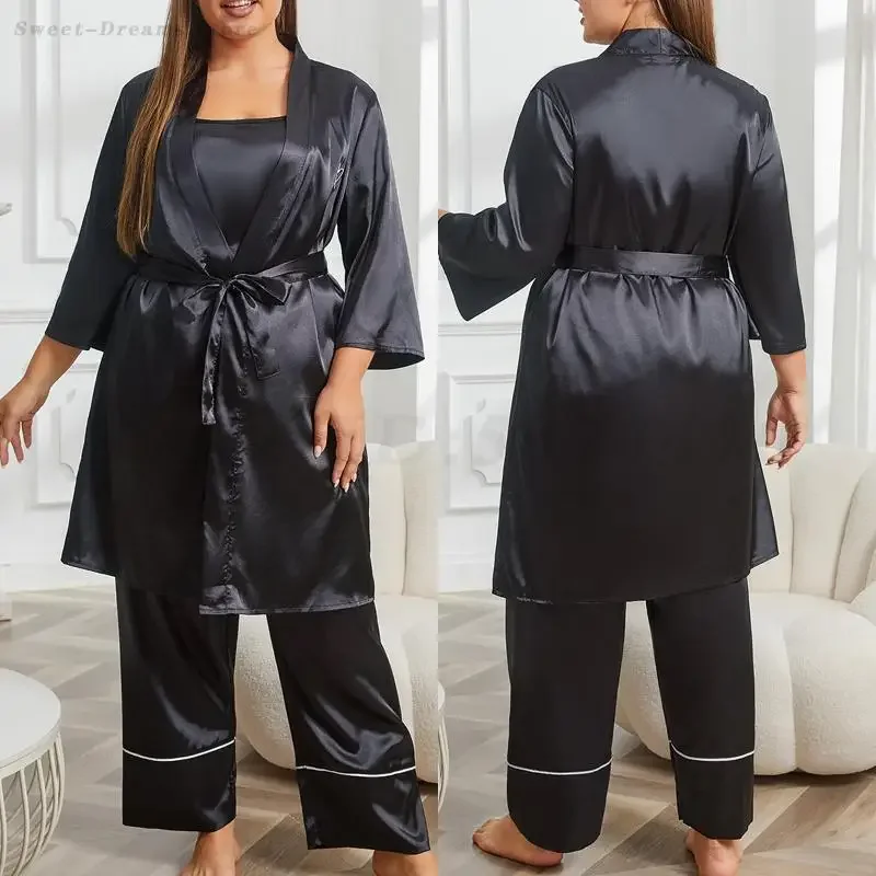 

3 Piece Pajamas Suit Sexy Cami Top Trouser Pjs Large Size 4XL 3PCS Robe Set Female Sleepwear Loungewear Nightwear Home Clothes