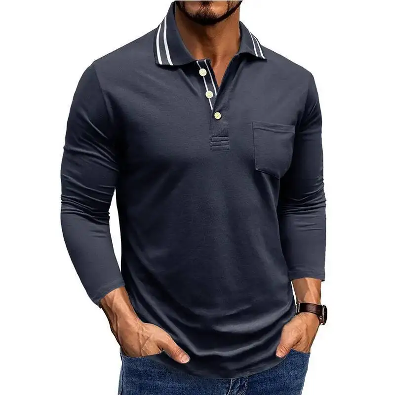 

Long Sleeve Turn Down Collar Polo Shirts Men Cotton Breathable Fashion Casual Polos Solid Business Tees Tops