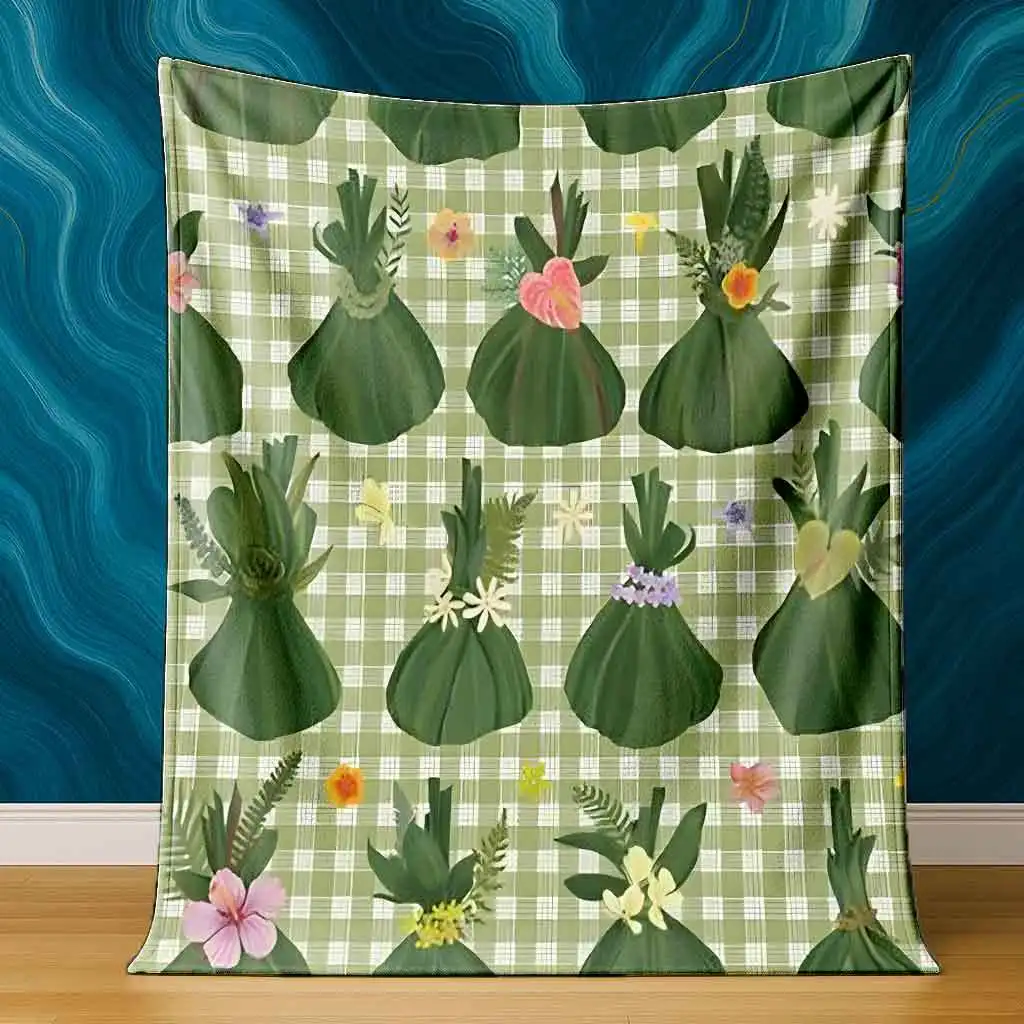 Hawaiian Tropical Botanical Blanket Green Check Background With Hand‑tied Leaf Packs And Colorful Plumeria Hibiscus Flowers