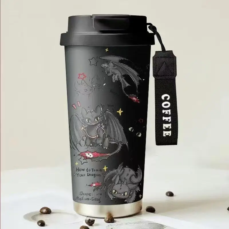 Termo Infantil con Diseño de Diente de León, el Maestro Domador de Dragones, con Cuerda para Levantar, Doble Pajita, Vaso Deportivo