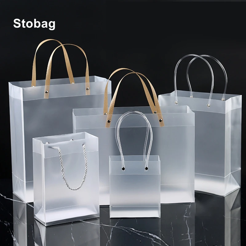 StoBag 10pcs Transparent Frosted PP Plastic Gift Packaging Tote Bags Clothes Present Cosmetic Favors Party Portable Custom Logo