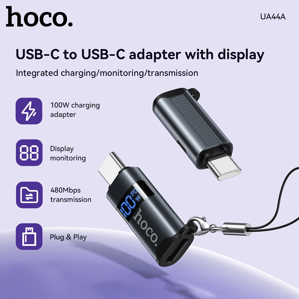 

HOCO USB C To Type-C Adapter Fast Charging Type C Female Charger Connector Support 100W 60W Fast Charging with Display Screen