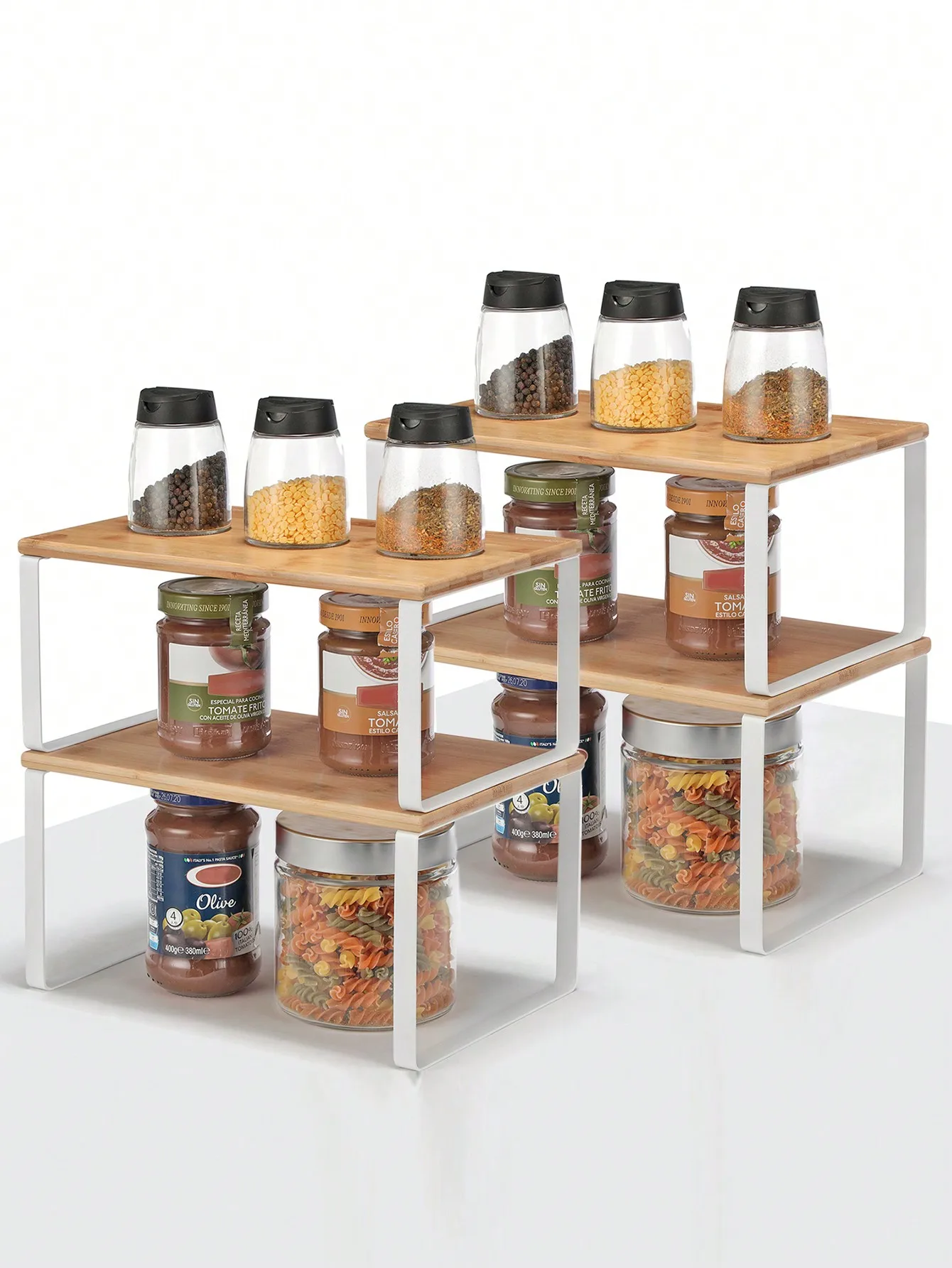 

SONGMICS Cabinet Shelf Organizers, Set Of 4 Kitchen Counter Shelves, Stackable, Expandable Spice, Metal And Wood